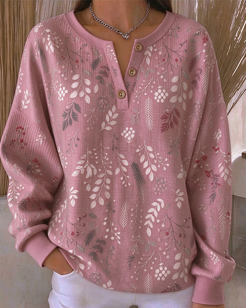 Waffle Henry Collar Floral Print Sweatshirt