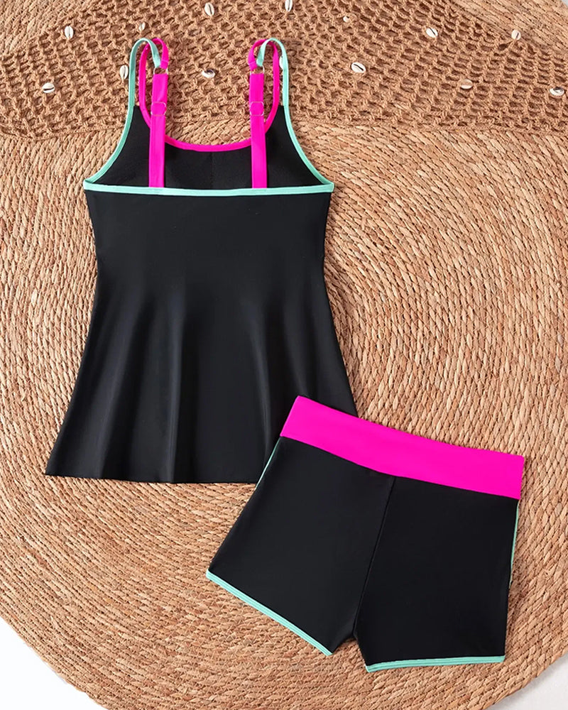 Color Contrast U Neck Halter Tankini