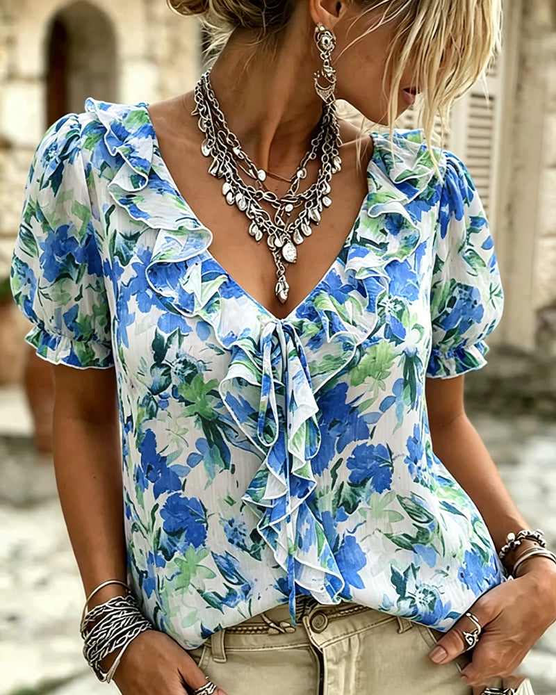 V-Neck Ruffle Bubble Sleeve Blouse