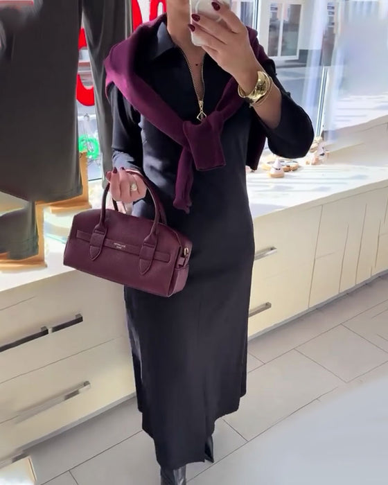 Lapel Slit Zipper Long-Sleeve Dress