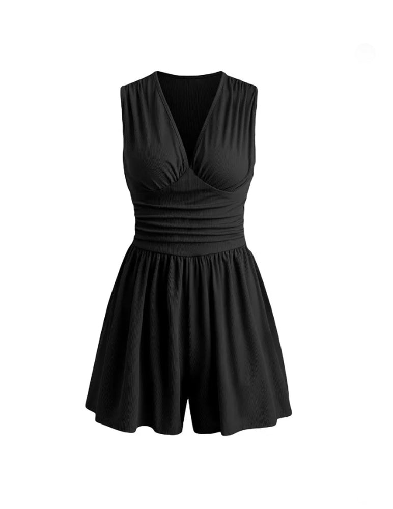 V-Neck Pleated Waist Cinch Jumpsuit