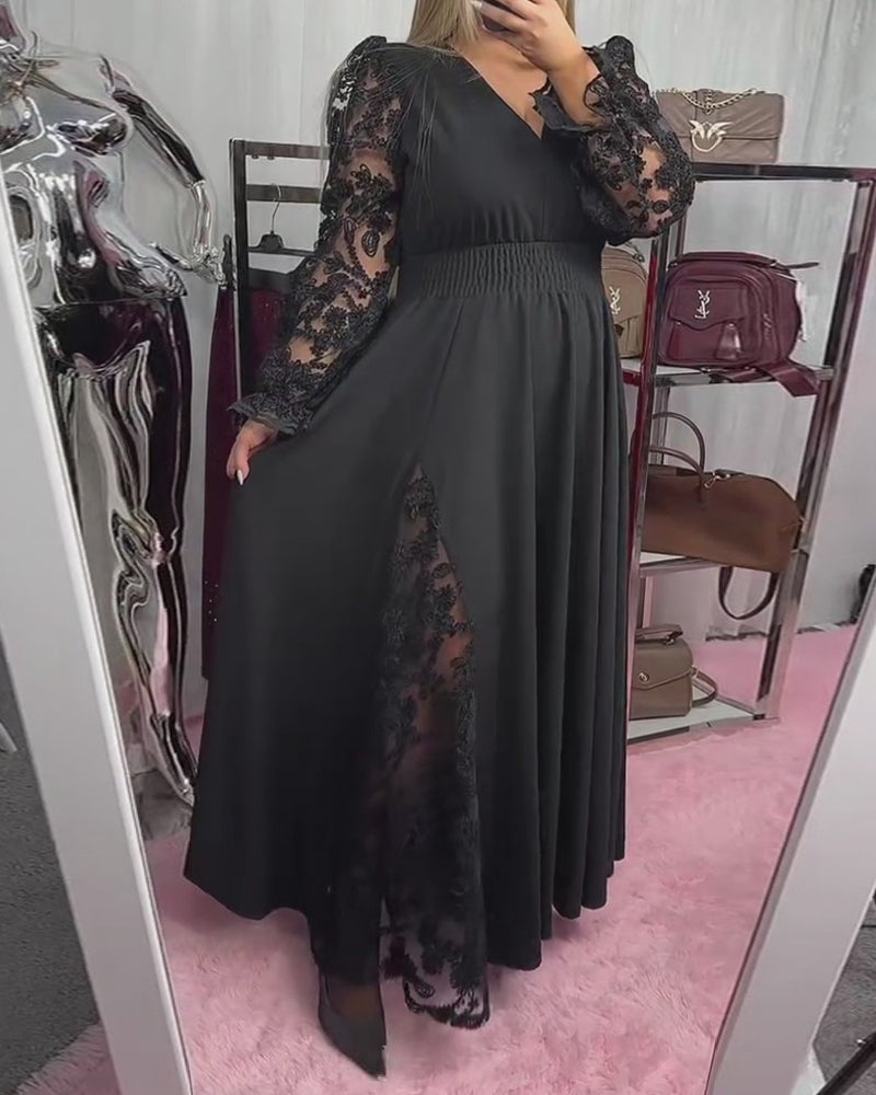 Lace Stitching V-Neck A Hem Dress