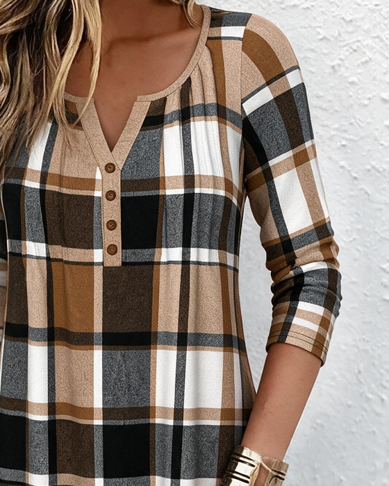 V-Neck Button Plaid Dress