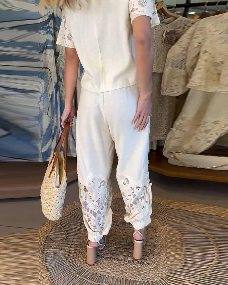 Solid Color Lace Patchwork Shirred Long Pants