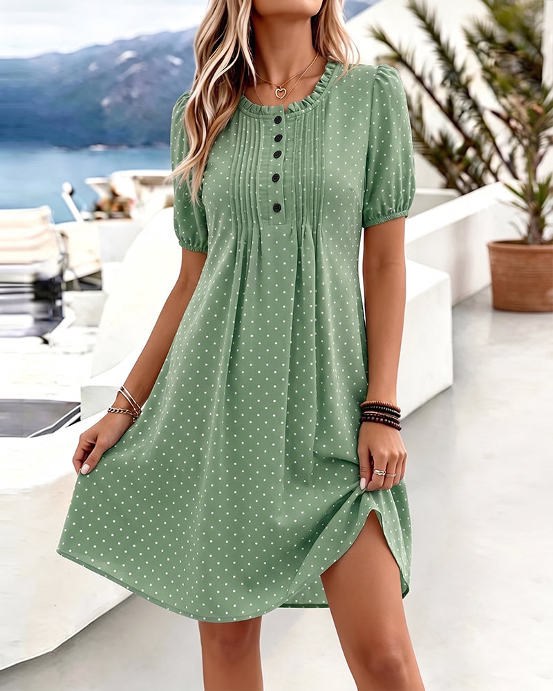 Crew Neck Polka Dot Ruffle Dress