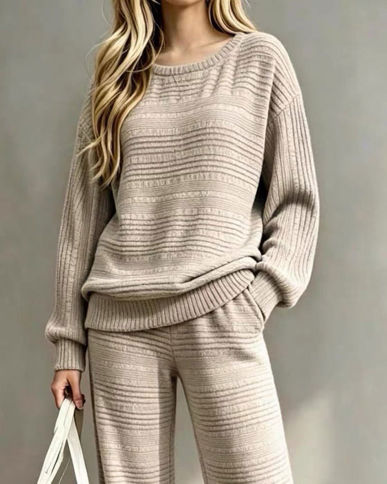 Round Neck Striped Relaxed Wide Leg Two-Piece Set