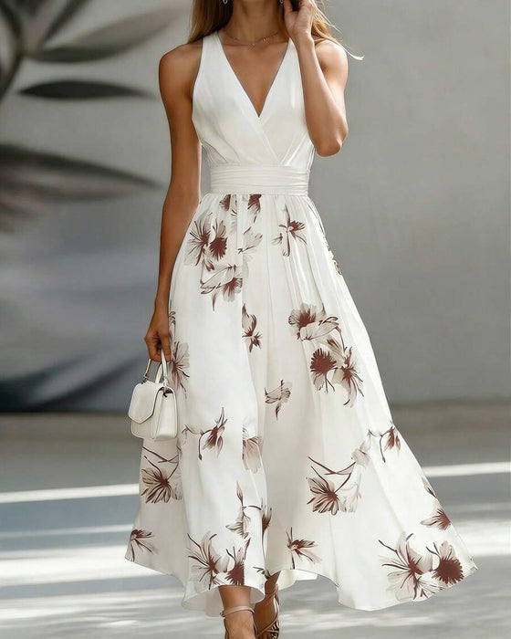 Sleeveless V-Neck Waist Floral Dress