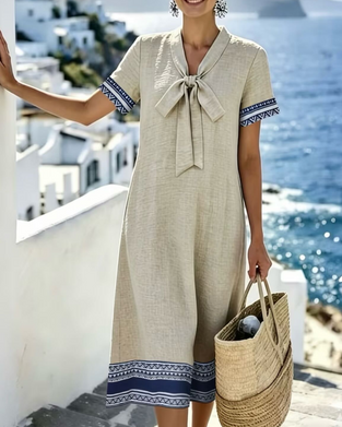 V-Neck Bow Tie Color Block Dress