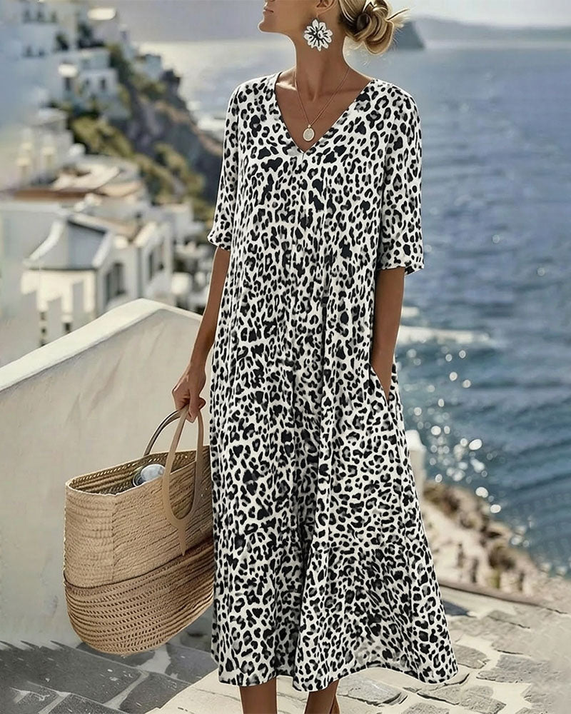 Leopard V-Neck Loose Dresses