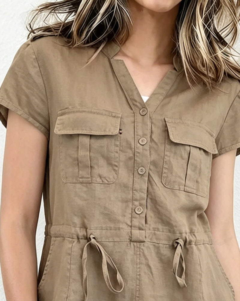 Utility Style V-Neck Drawstring Dress