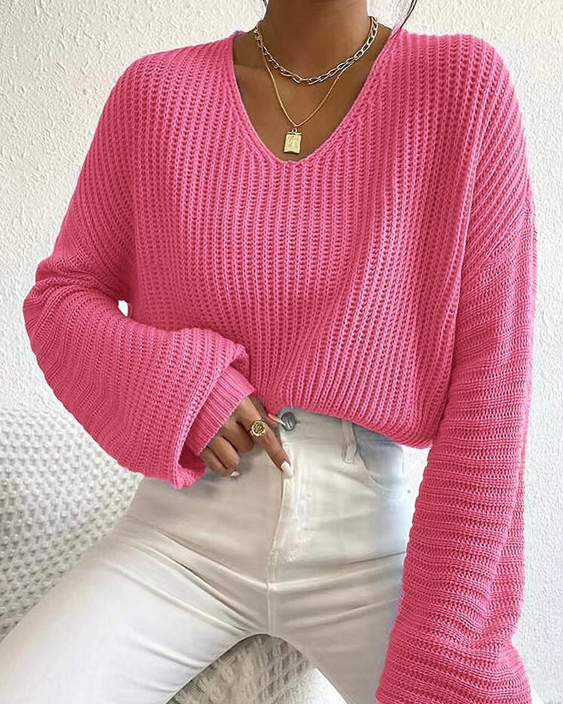 V-Neck Short Drop-Shoulder Long-Sleeve Pullover