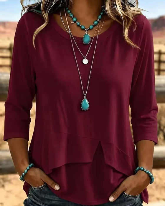 Crew Neck Patchwork Asymmetric Hem Top