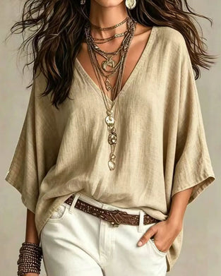 V-Neck Three-Quarter Sleeve Loose Blouse