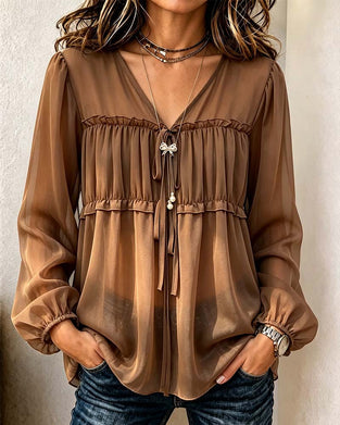 V-Neck Lantern Sleeve Pleated Blouse