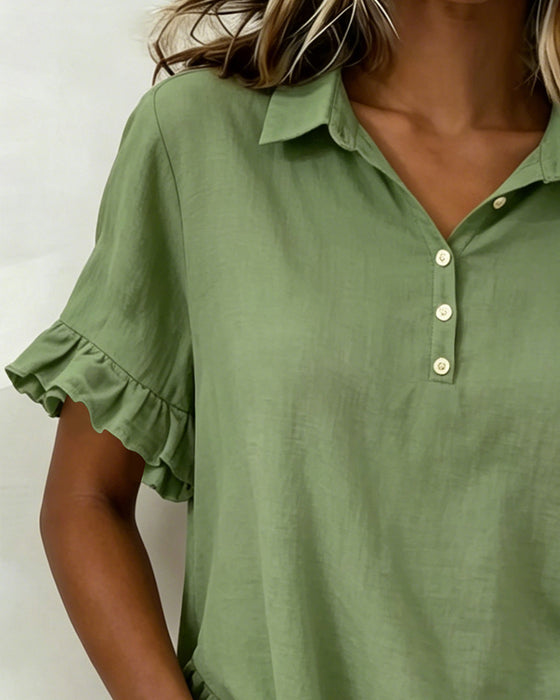 Lapel Half Placket Ruffle Sleeve Blouse