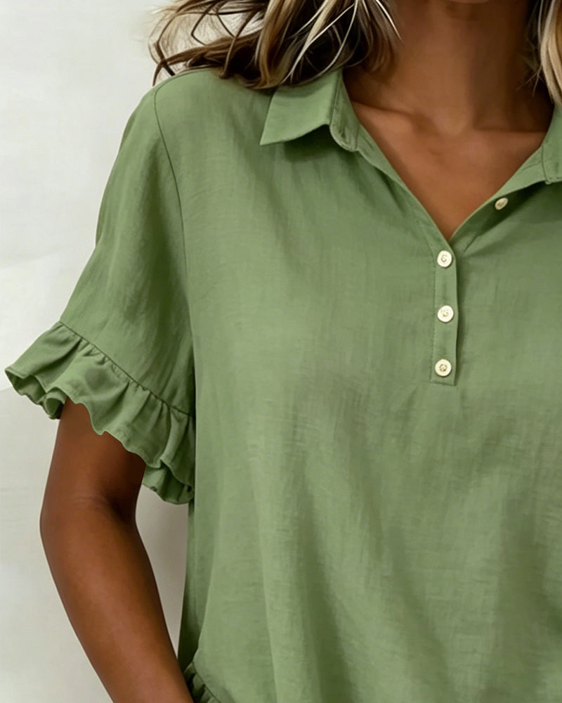 Lapel Half Placket Ruffle Sleeve Blouse