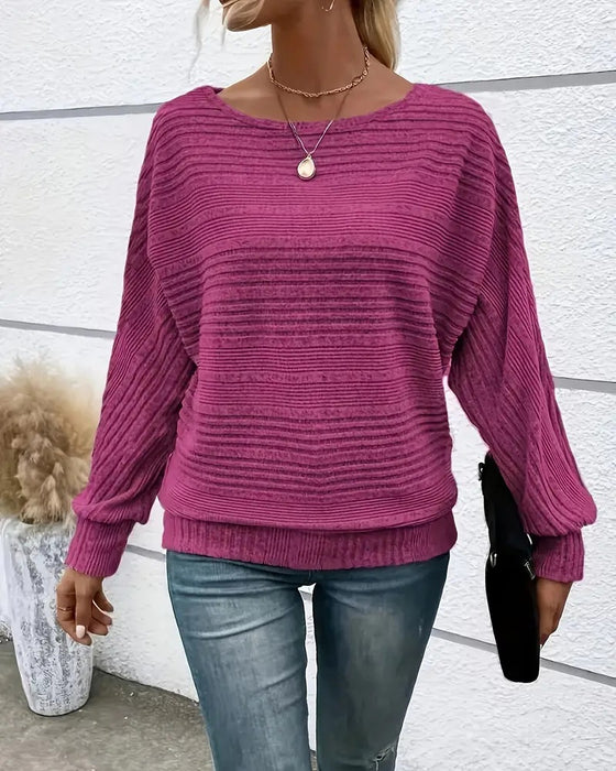 Solid Color Round Neck Long Sleeve Striped Top