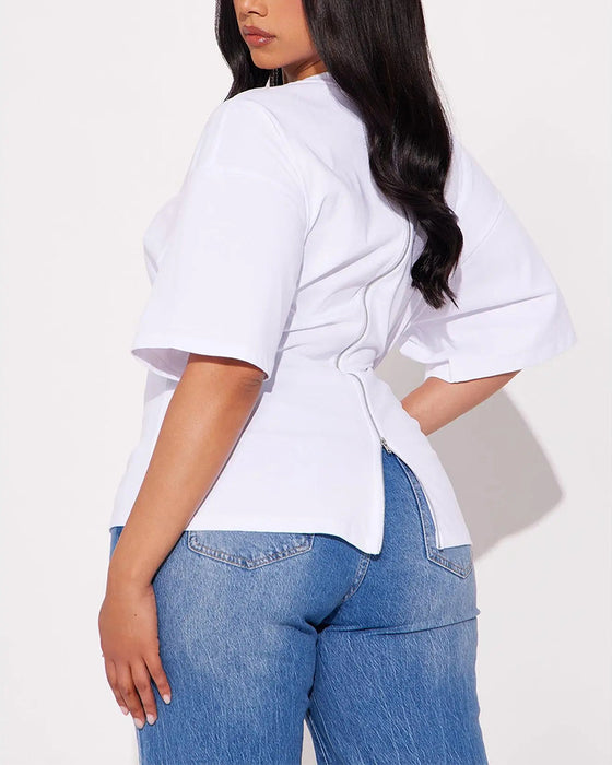 Loose Drop Shoulder Back Zip T-Shirts