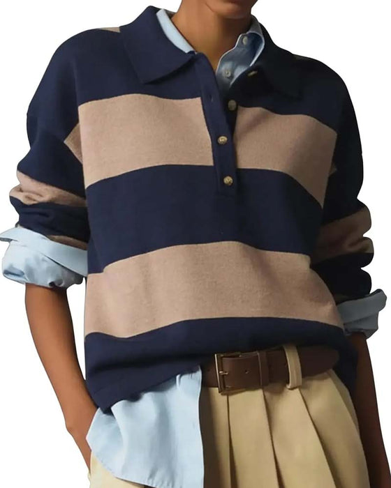 Wide Striped Buttoned Lapel Pullover