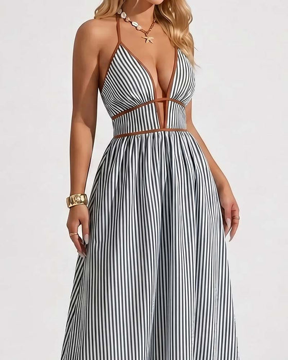 Deep V-Neck Spaghetti Strap Stripe Long Dresses