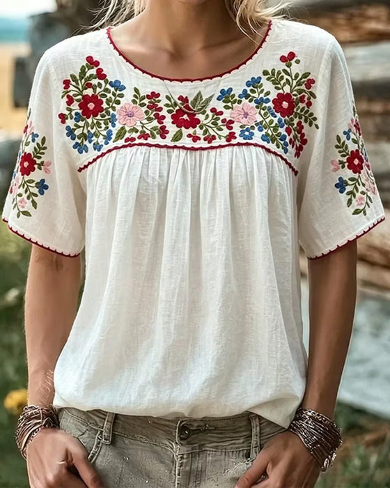Crew Neck Embroidered Bohemian Blouse