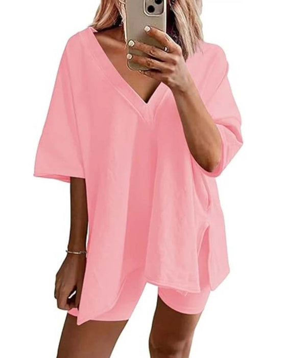 Solid Color V-Neck Sportswear Two-Piece Set