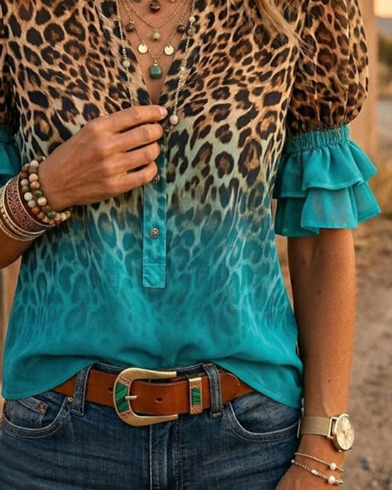 Leopard Print V-Neck Gradient Ruffle Blouse