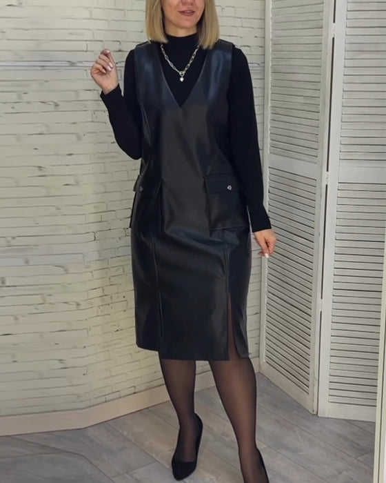 solid color dress with V-neck and Pocket