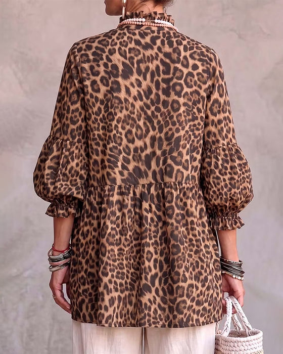 Leopard Print Frill Trim Button Top
