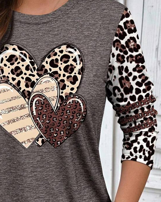 Round Neck Leopard Print Long-Sleeved Top