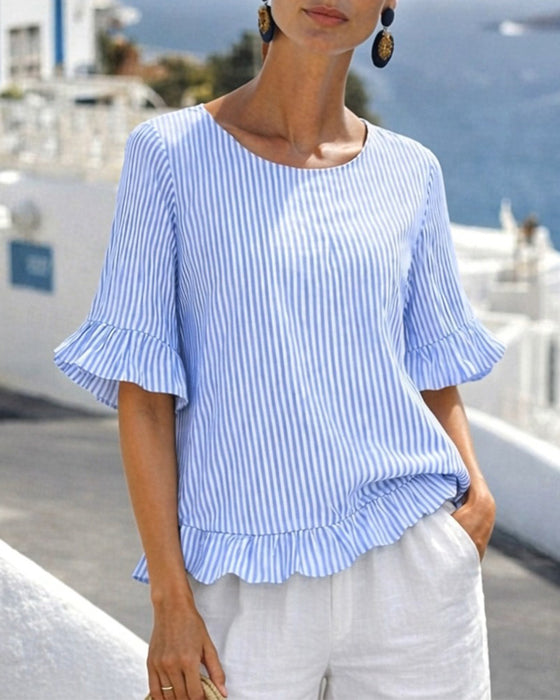 Striped Ruffled Mid-Sleeve Blouse