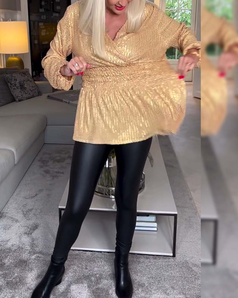 V-Neck Fitted Waist Solid Color Blouse