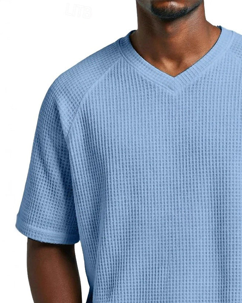 Men's Waffle V-Neck Tee, Solid Color Casual Short Sleeve Top