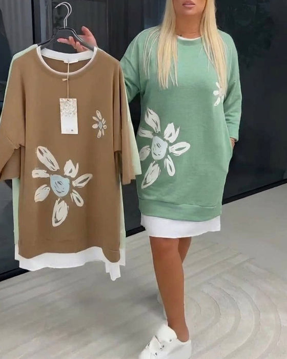 Crew Neck Printed Patchwork Sweatshirt Dress