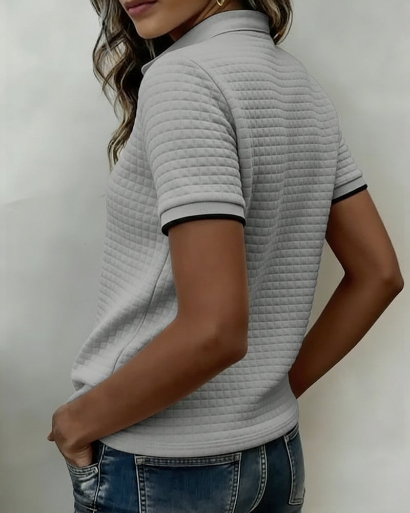 Waffle-Knit Button-Down Short-Sleeved Top