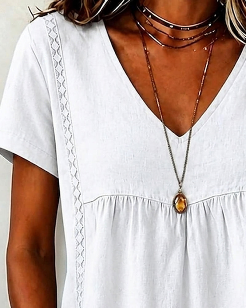 V-Neck Shirred Short Sleeve Blouse