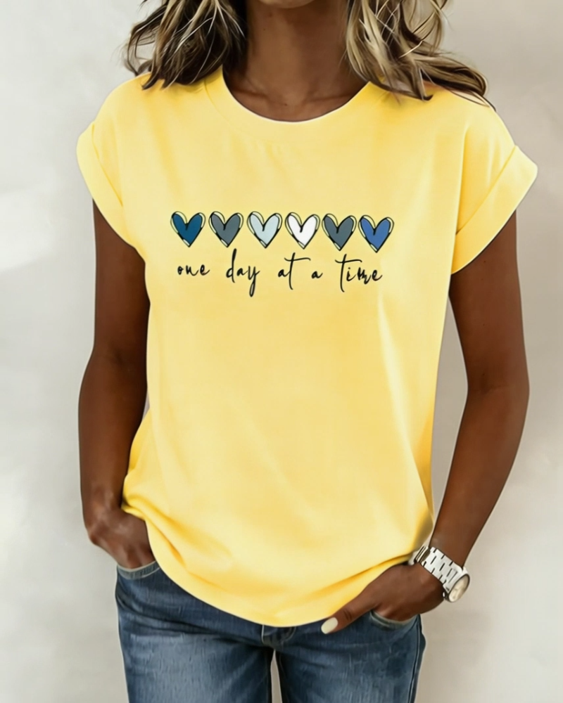 Heart-Print Crew Neck Short-Sleeve Top