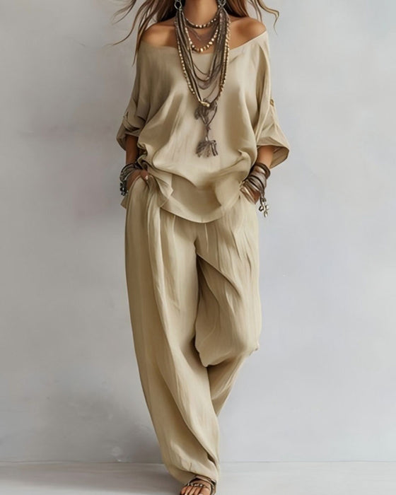 Off-Shoulder Wide-Leg Pants Two-Piece Set