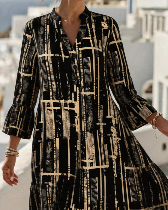 Mandarin V Neck Loose Stripe Dress