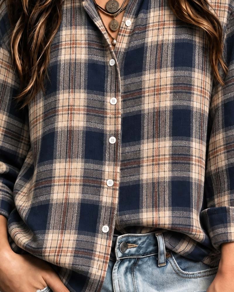 Collared Plaid Long-Sleeve Blouse
