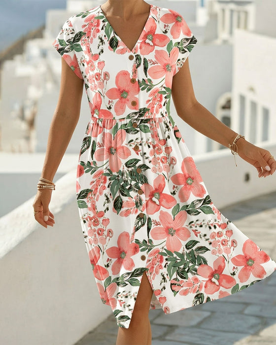 Floral Print V-Neck Short-Sleeve Dress