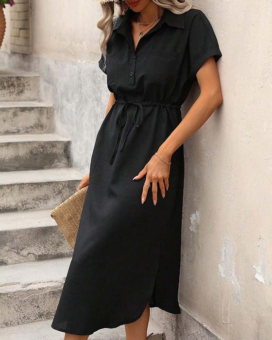 Lapel Waist-Cinching Shirt Dress