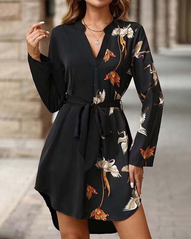 V-Neck Color-Blocked Print Dress