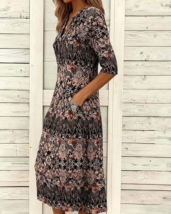 V‑neck Print Patchwork Mid‑sleeve Dress