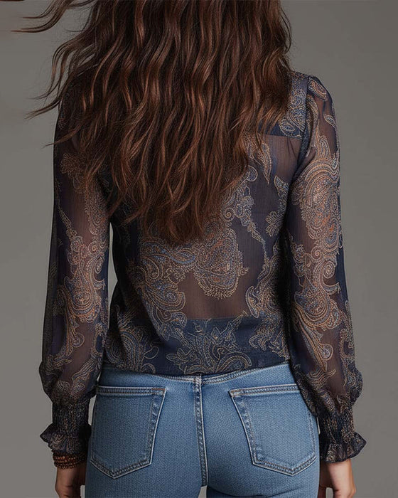 Half-Zip Ruffle Retro Blouse