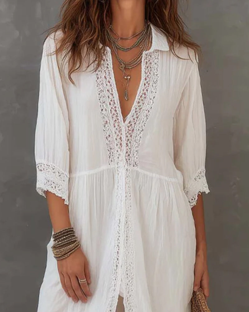 Short Sleeve Lace Trim Lapel Long Dress