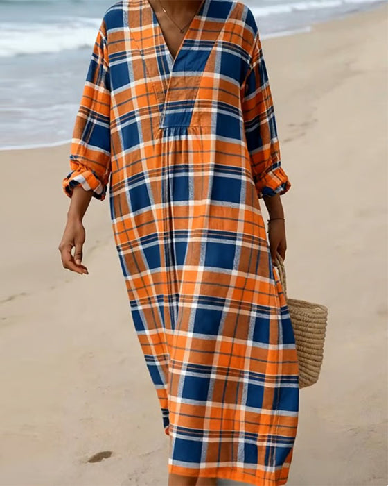 V-Neck Plaid Loose Dress