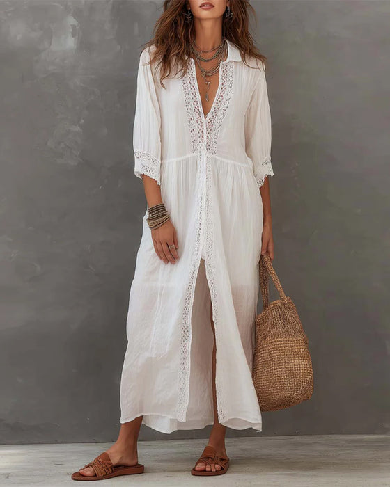 Short Sleeve Lace Trim Lapel Long Dress