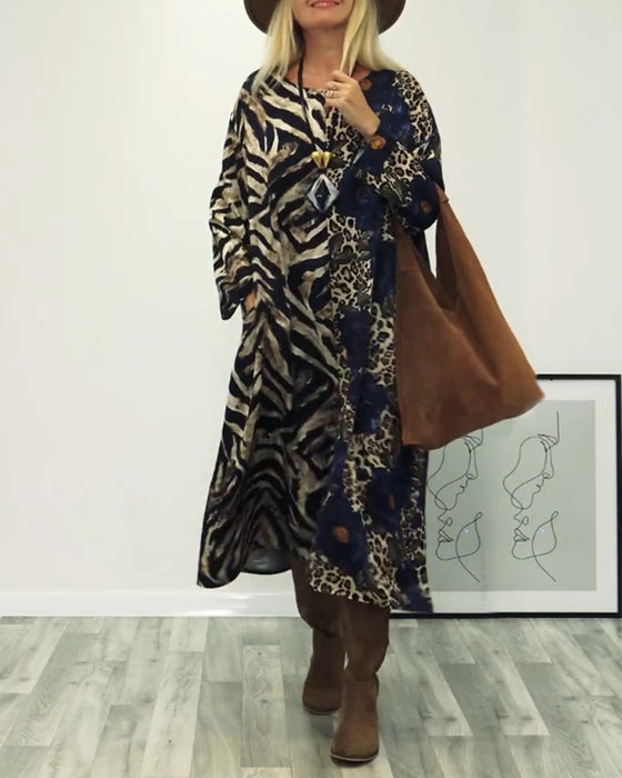 Fashionable zebra and leopard print patchwork dress