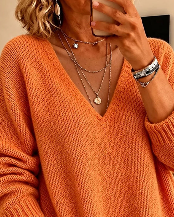 Loose V-Neck Drop Shoulder Pullover